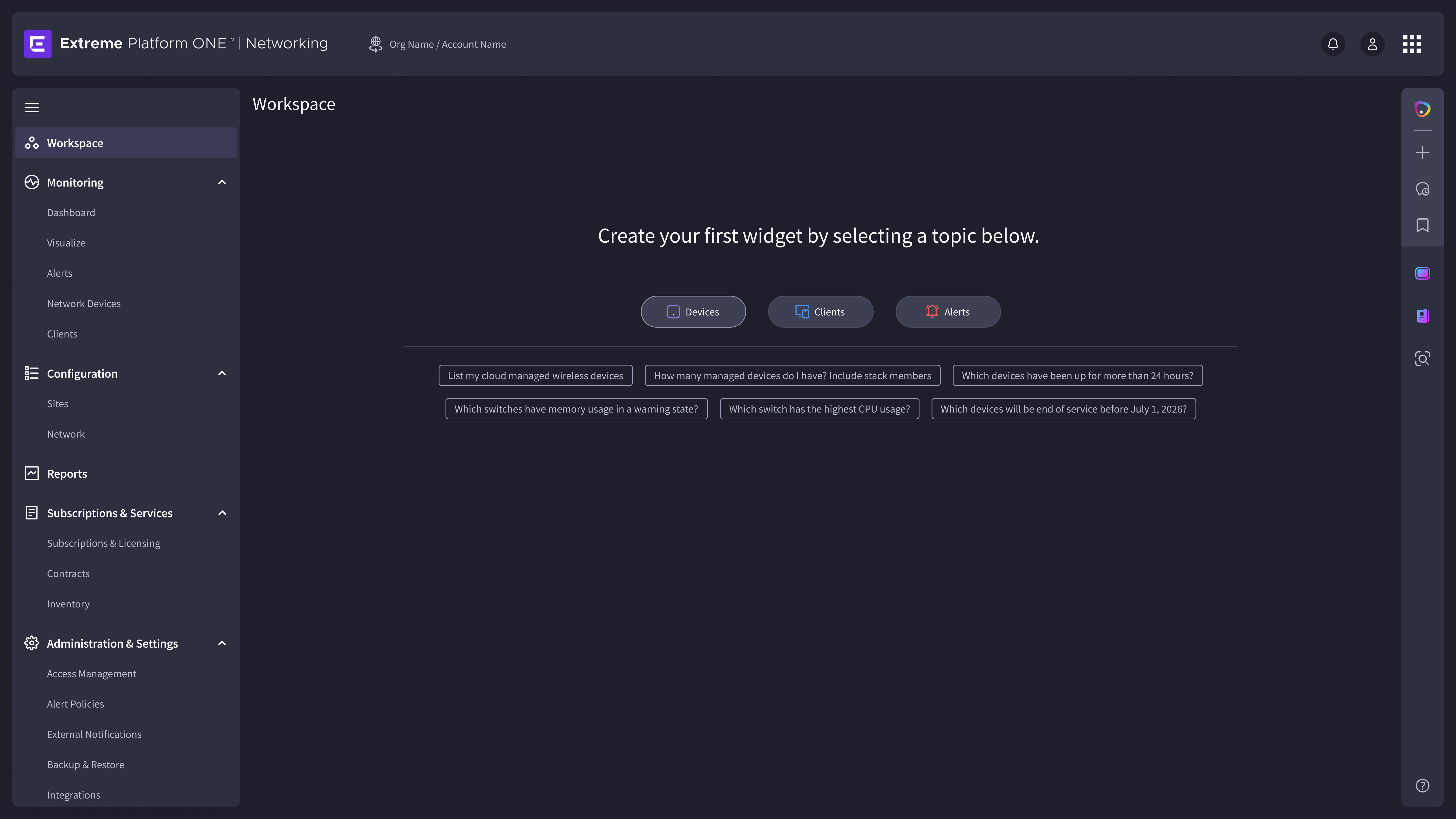 EP1 Workspace — empty canvas state with AI suggested prompts